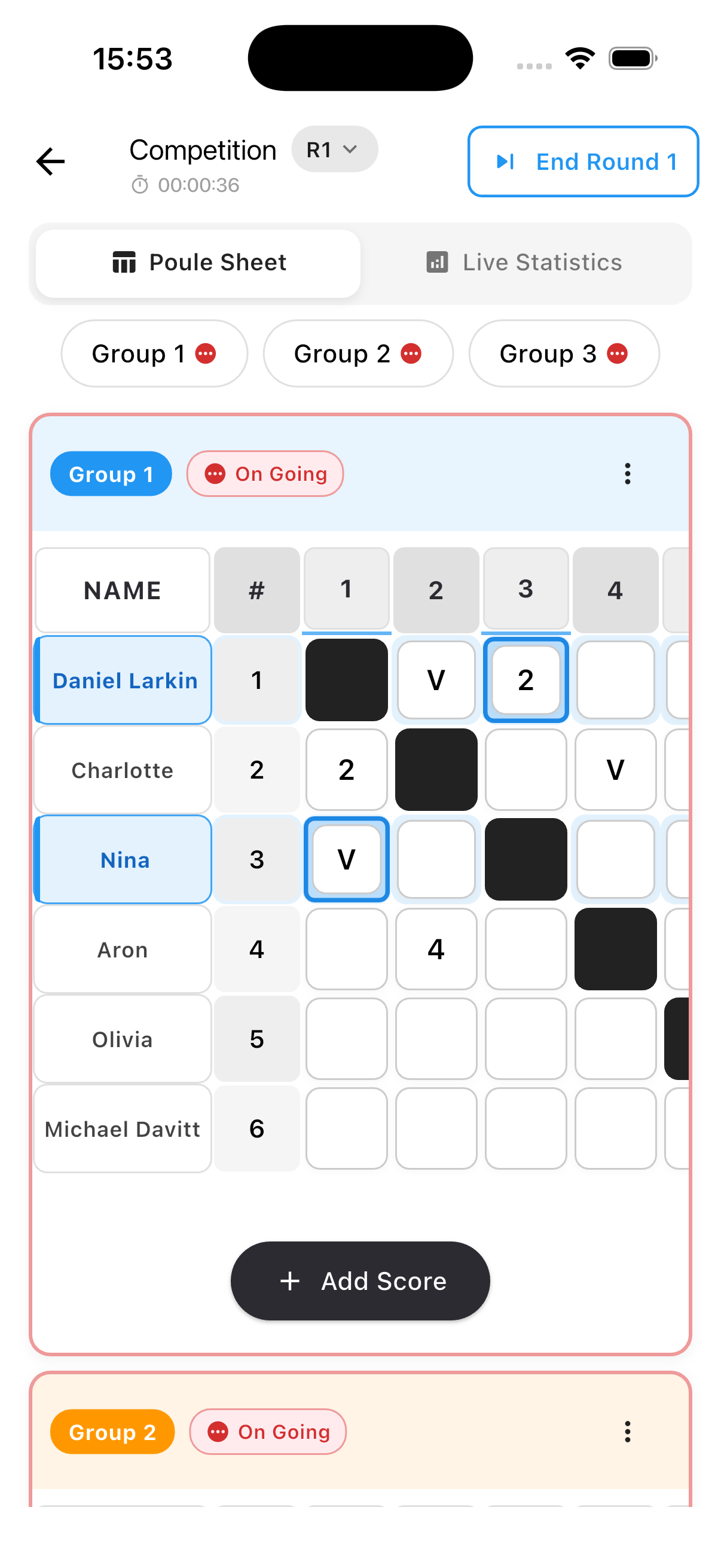 Multiple poules scoring