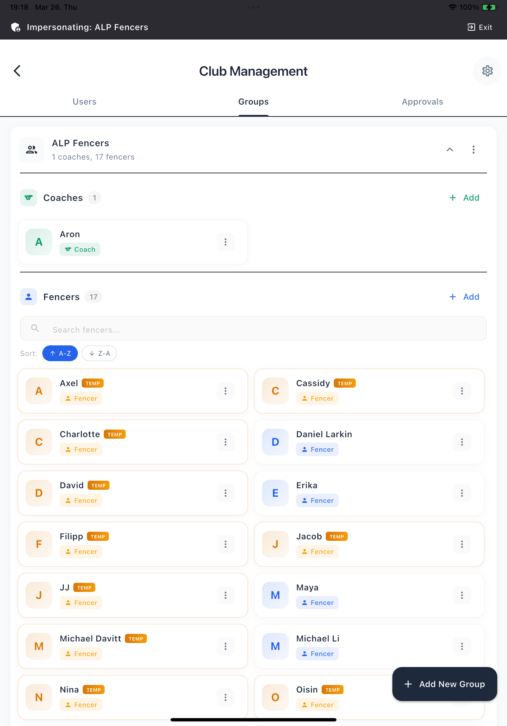 Club management groups view